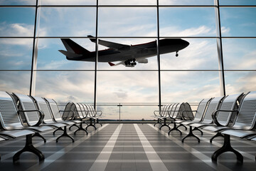 Empty airport terminal lounge with airplane on background. - obrazy, fototapety, plakaty