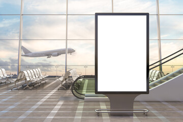 Airport departure lounge. Blank billboard stand and airplane on background. - obrazy, fototapety, plakaty