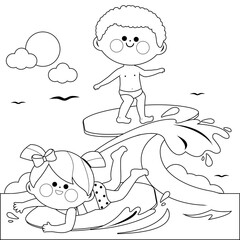 Obraz na płótnie Canvas Children surfing on a wave in the sea. Vector black and white coloring page