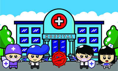 Obraz premium In front of the hospital there are doctors who are gathering to defeat the covid-19 virus