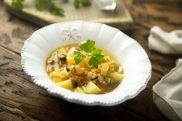 Traditional homemade mushroom soup with fresh parsley