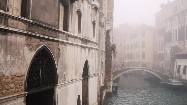 Almost empty bridges and canals of Venice.  Slow-motion shoots of Venice in time of coronavirus outbreak. 