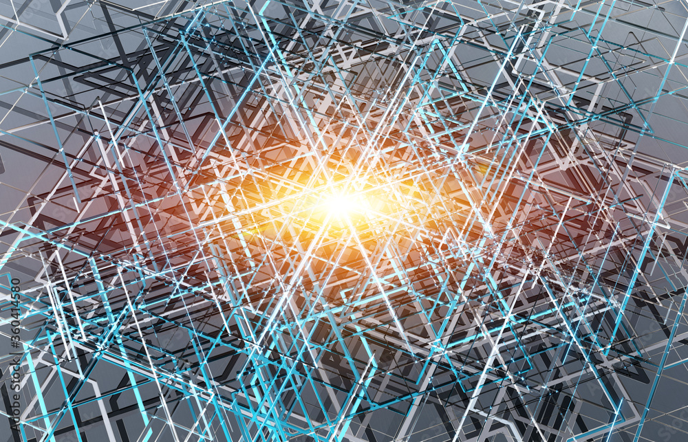 Poster futuristic blue and orange connection background with lines and roads printed on metal texture