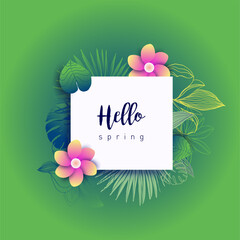 Design banner with lettering design welcome spring. Card for spring season with white green tropical leaves and floral. Promotion offer with spring plants, leaves and flowers decoration. Vector