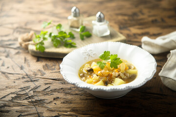 Traditional homemade mushroom soup with fresh parsley