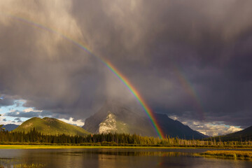 Rainbow over Vermillion Lake with Mount Rundle