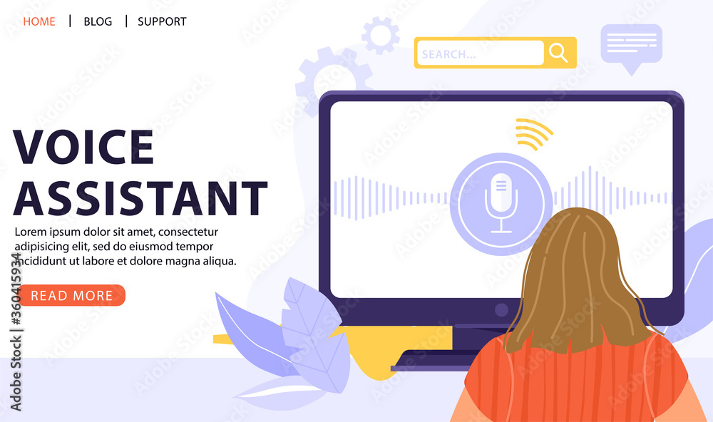 Wall mural woman working on computer and using voice assistant. intellectual technology. vector web page banner