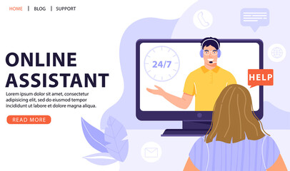 Customer service, online assistant or call center concept. Man operator with headset consulting a client. Online technical support 24/7. Vector web page banner illustration.