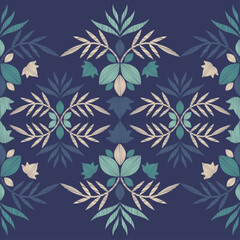 Seamless background with decorative flowers. Design with manual hatching. Ethnic boho ornament. Textile. Vector illustration for web design or print.