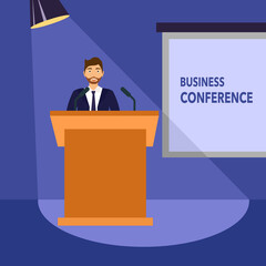 Businessman speaker at the podium with microphones and spotlight on a dark blue background for public award, business conference, debate or seminar concept vector illustration.