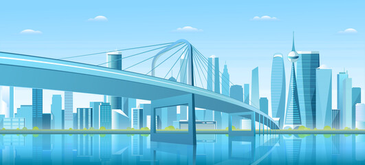 City bridge over water bay vector illustration. Cartoon flat modern new bridge to downtown futuristic metropolis, blue downtown cityscape with waterfront buildings, tower skyscrapers landscape view