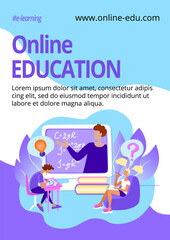 Vertical poster Education online template. E-learning classes advertising. Teacher and students at a webinar. Home schooling concept. Stock vector flat modern illustration.