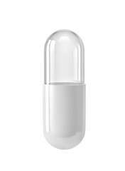 Empty white and glass capsule, medical pill isolated on white. Clipping path included