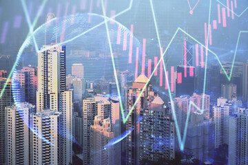 Forex chart on cityscape with skyscrapers wallpaper double exposure. Financial research concept.