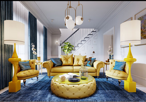 Luxurious Fashionable Living Room With Yellow Upholstered Furniture And Blue Carpet And Decor, White Walls.