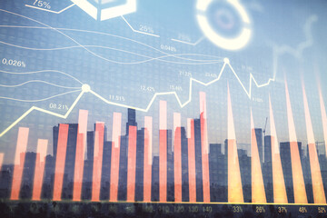 Forex chart on cityscape with skyscrapers wallpaper double exposure. Financial research concept.