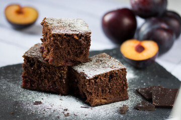 Delicious chocolate cake with plums.