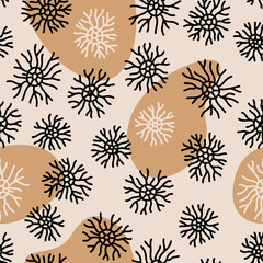 Seamless coral and plankton underwater background. Vector Illustration. Abstract simple shapes. beige colors