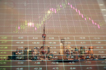 Forex chart on cityscape with tall buildings background multi exposure. Financial research concept.