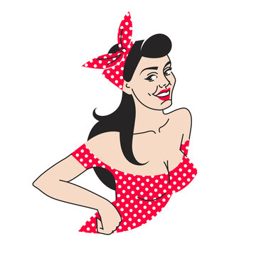 pin-up girl in a red dress and a white polka dots scarf. portrait of a young brunette with deep neckline, black hair and red lipstick. Retro style.