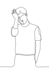 A MAN stands holding his head with his right hand, his left hand in his pocket. Vector illustration man one continuous line art. The concept of headache, mental difficulty