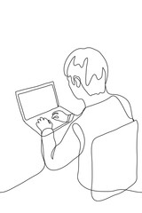 A man sits with his back to the audience behind a laptop and types. Vector illustration one continuous timeless line drawing. Black outline on a white background.