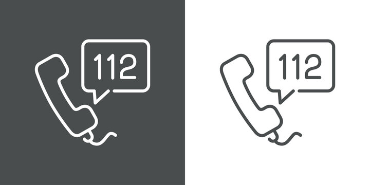 Concepto llamada de emergencia. Icono plano lineal auricular de tel&eacute;fono con n&uacute;mero 112 en burbuja de habla en fondo gris y fondo blanco
