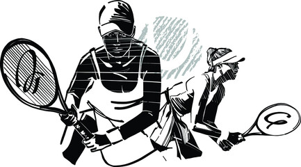 black and white cartoon illustration of a tennis player © xamyak13