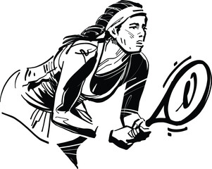 black and white cartoon illustration of a tennis player