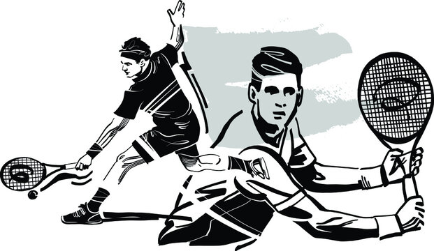 black and white cartoon illustration of a tennis player