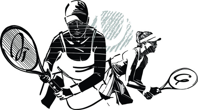 black and white cartoon illustration of a tennis player