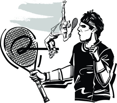 black and white cartoon illustration of a tennis player