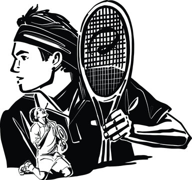 black and white cartoon illustration of a tennis player