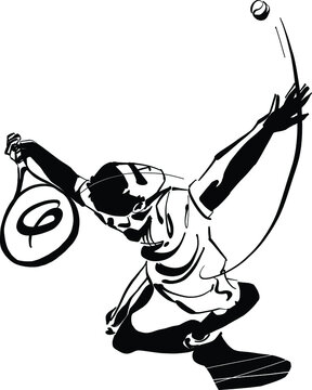 black and white cartoon illustration of a tennis player