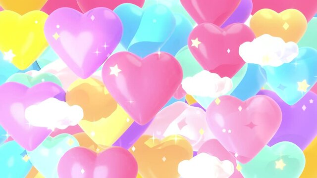 Looped 3d cartoon heart candy pattern animation.