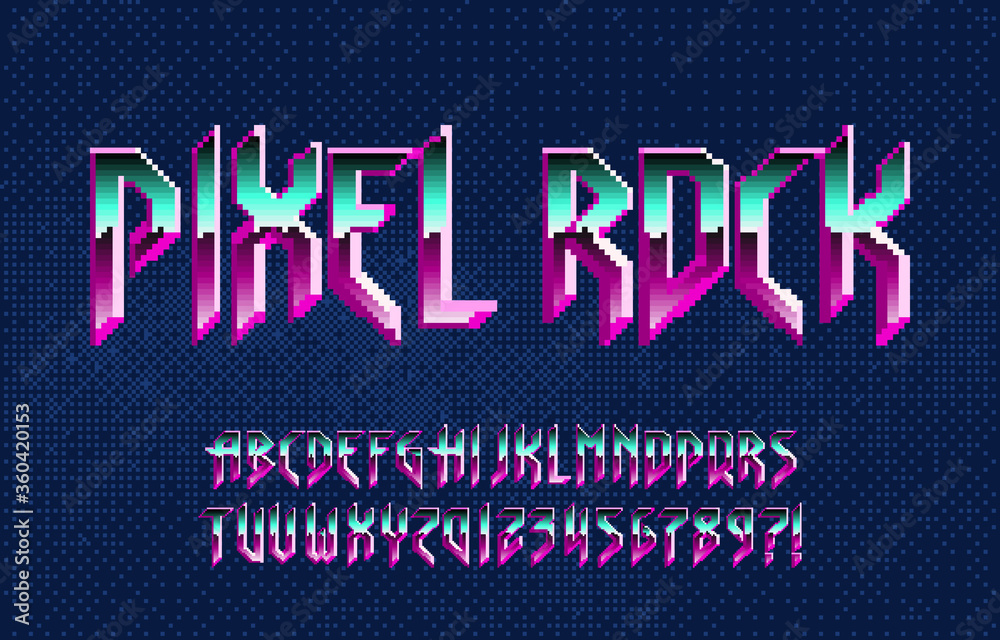 Fototapete pixel rock alphabet font. chrome effect retro letters and numbers. pixel background. 80s arcade vide
