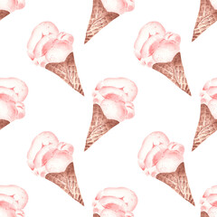 Watercolor ice cream seamless pattern digital paper. Hand painted clipart isolated on white.