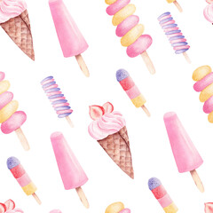 Watercolor ice cream popsicles digital paper. Hand painted summer food illustration. Seamless pattern isolated on white.