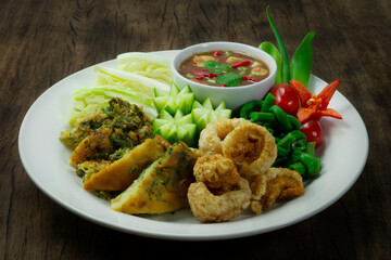 Spicy Shrimps Paste Chili Sauce served Crispy Pork,Fried Egg with Climbing wattle and vegetables