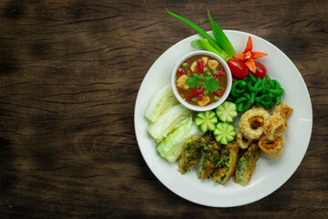 Spicy Shrimps Paste Chili Sauce served Crispy Pork,Fried Egg with Climbing wattle and vegetables