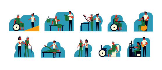 medical rehabilitation activities cartoon character design set