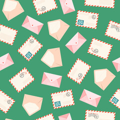 post letters on a green background. The seamless pattern design. Post office and communication concept. Hand-drawn vector envelopes with postage stamps. Repeatable design.