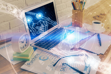 Multi exposure of desktop with computer on background and tech theme drawing. Concept of big data.