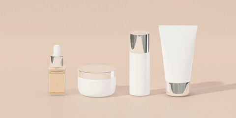 Cosmetic products on the pastel brown background.3d rendering.cosmetic minimal concept