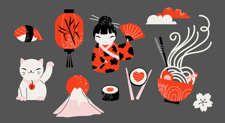 Set of hand-drawn traditional Japanese icons. An isolated kokeshi doll, kimono, ramen noodles, mountain, lantern, and sushi. Modern illustrated collection for web and print.