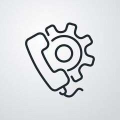 Obraz premium Concepto configuración del teléfono. Icono plano lineal auricular de teléfono con engranaje en fondo gris