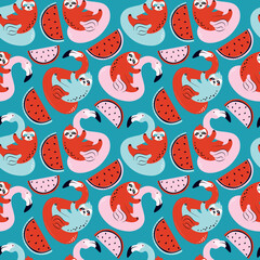 Funny sloth swims on an inflatable Flamingo float seamless pattern. Hand drawn swimming toy, sweet watermelon, cute animal on blue background. Concept summer, vacation, beach. Vector flat illustration © Catrin1309