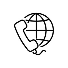 Concepto comunicación telefónica internacional. Icono plano lineal auricular de teléfono con globo terráqueo en color negro