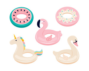 Set of inflatable floats for swimming in the shape of a Flamingo, unicorn, Swan, watermelon, donut. Water and beach colorful rubber toys isolated on a white background. Hand drawn vector illustration.