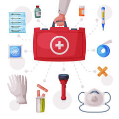 Doctors Hand Holding First Aid Kit Box with Medical Equipment and Medications, Gloves, Flashlight, Elastic Bandage, Thermometer, Plaster, Ampule, Syringe, Mask, Pills Flat Vector Illustration